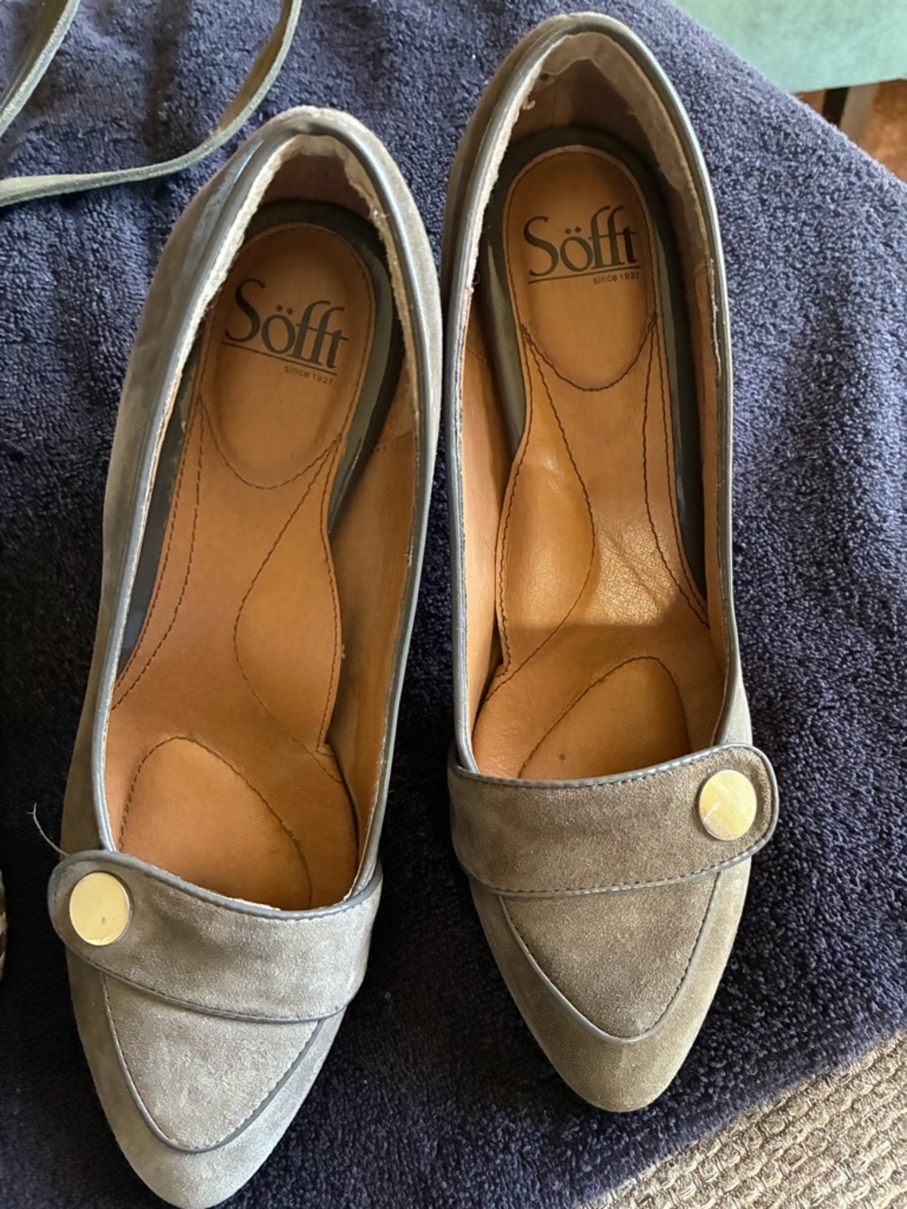 Söfft Gray Suede Pointed-Toe Heels with Button Accent